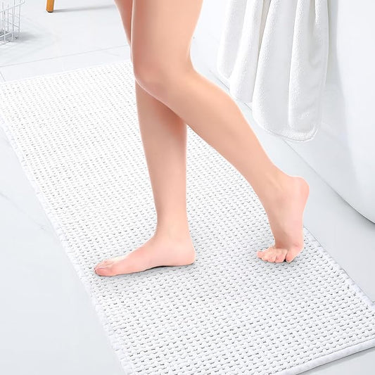 Washable Bathroom Rugs: 47x20 White Runner Bath Mat – Non Slip Chenille Bathmat for Bathroom Floor & Shower