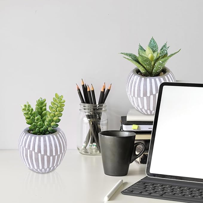 Winlyn Set of 3 Artificial Succulents Plants in Mini Gray and White Geometric Cement Pots Faux Potted Plants Aloe Pachyphytum Succulent Donkey Tail Small Plant for Home Office Table Shelf