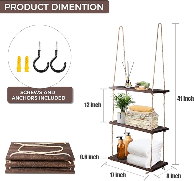 Hanging Shelf - 3-Tier Boho Wall Shelf for Plants Indoor - Wooden Decor Rope Shelf - Window Plant Hanger Home Farmhouse Bathroom Rustic Bedroom Decor