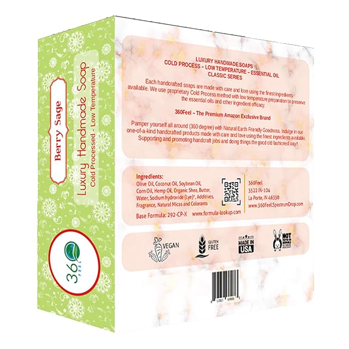 360Feel Berry Sage Soap - Handcrafted Castile Soap Bar with Soothing Scent - Handmade with Essential Oil - Suitable Gift for Anniversaries, Weddings, and Holiday Stockings - Rich Lather