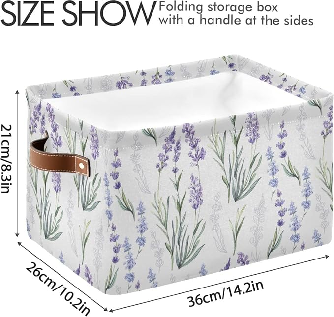 Lavender Flowers Storage Basket Fabric Storage Bin Laundry Baskets, Leaves Green Purple Foldable Storage Boxes Organizer Bag for Baby Cloth Dog Toy Book Storage Cubes Shelf Closet Basket 16×12×8