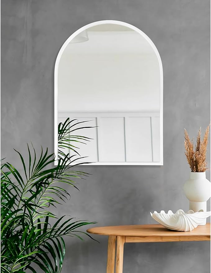 Arch Wall Mirror Bathroom Mirror White Metal Framed Mirror, Arched Metal Wall Mounted Vanity Mirror for Bedroom, Entryway, Living Room 26"x18"