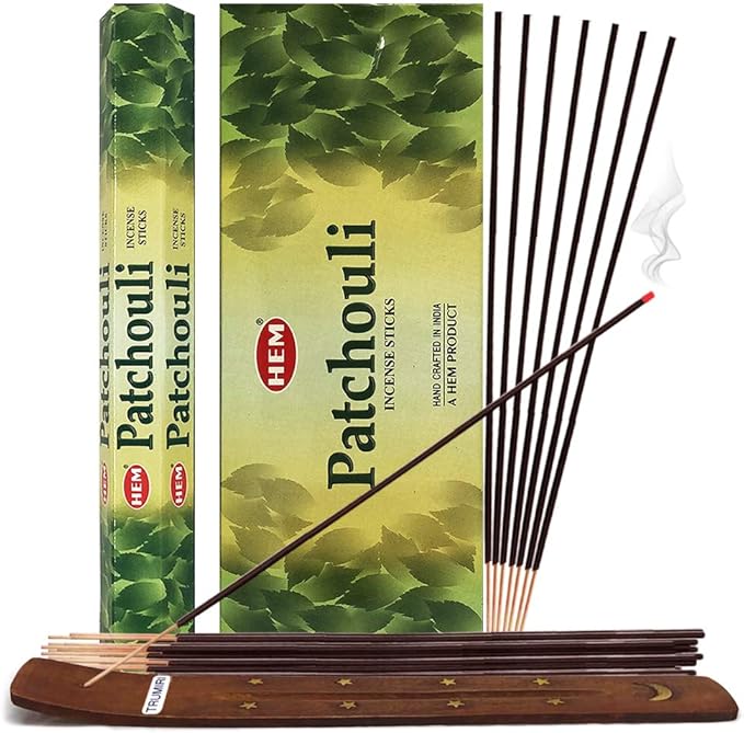 TRUMIRI Patchouli Incense Sticks and Incense Stick Holder Bundle: 1 Set of 6 Packets, 120 Pieces, 6 Incenses per Packet