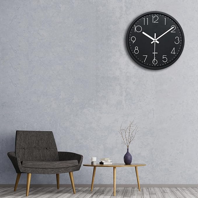 Plumeet 10'' Wall Clock, Bedroom Wall Clocks Battery Operated, Silent Quartz Small Clock Decorate Kitchen Living Room, 3D Numbers Display Easy to Read, Black