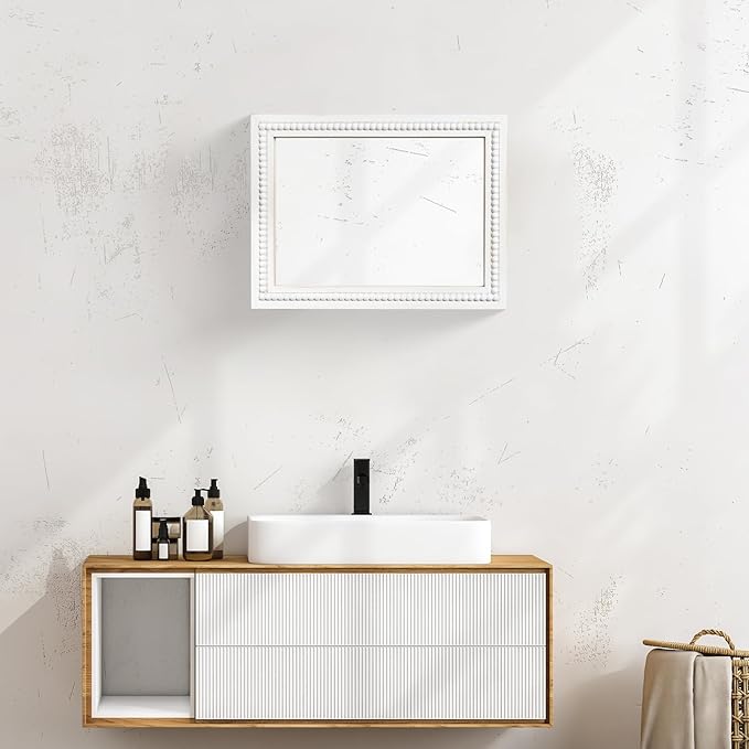 White Wood Beaded Frame Wall Mount Mirror, 12 x 16 Inches Modern Farmhouse Real Glass Horizontal/Vertical Hanging Mirror for Bathroom, Living Room, Entryway