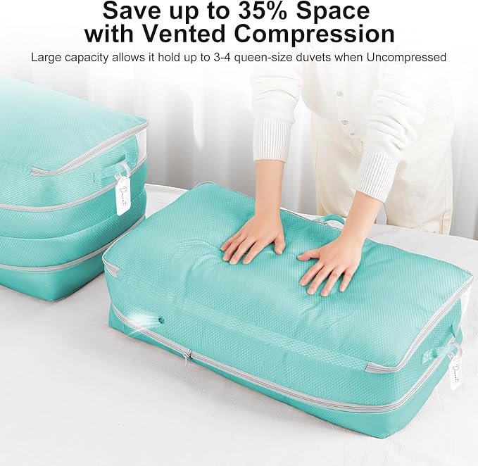 Comforter Storage Bag - Large Capacity Bedding Storage Bags Ultra Space Saving Self Compression Organizer, Washable Compression Bags for Storage Comforter Blanket Duvet Pillow, 4-Pack, Blue