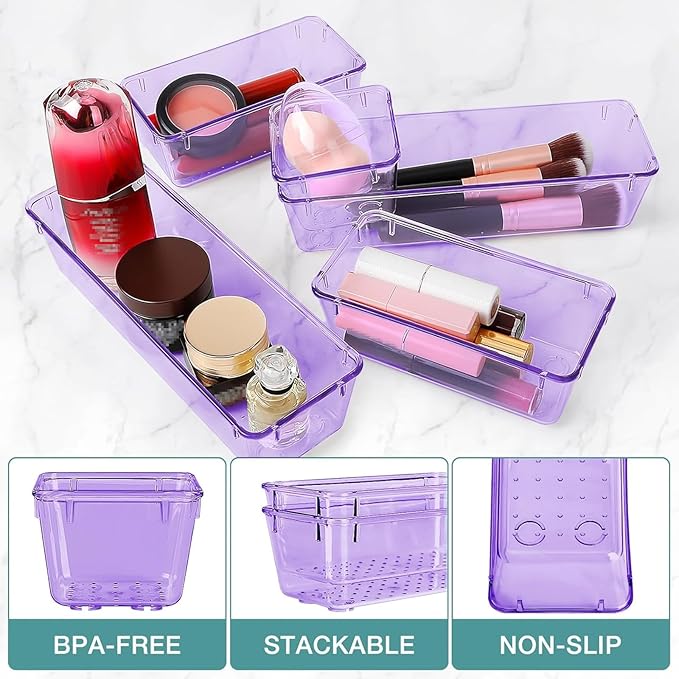 25 PCS Drawer Organizer Set, 4 Varied Size Bathroom and kitchen Drawer cabinet organizer Trays, Clear Storage Bins for Makeup, Jewelry, Utensils and Gadgets, Purple