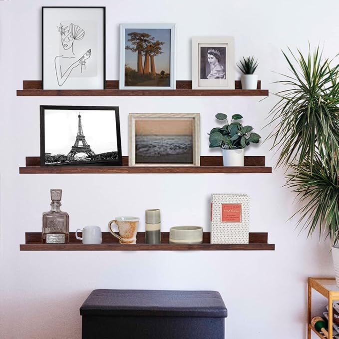 MBYD 36 Inch Wood Floating Shelves Wall Mounted Deep Walnut Picture Ledge Shelf Nursery Book Shelves for Home Decor for Bedrooms, Office, Living Room, Kitchen, 3 Same Sizes