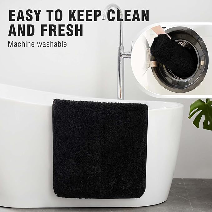 TECHMILLY Super Soft Shaggy Bathroom Rugs, Absorbent Thick Non Slip Microfiber Bath Rugs, Quick Dry Machine Washable Bath Mat for Bathroom Floor, Bathtub and Shower 24"x36" Black
