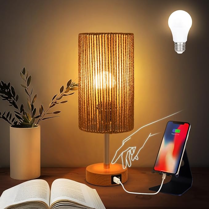 Yarra-Decor Bedside Lamp with USB Port - Touch Control Table Lamp for Bedroom (Rattan)