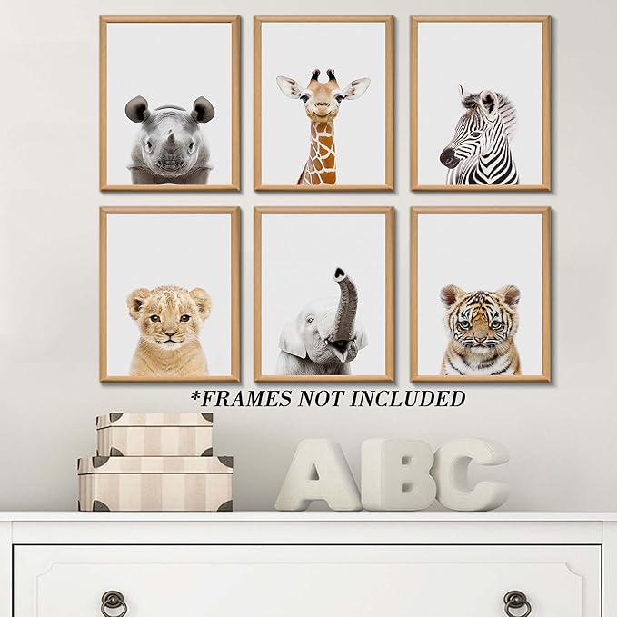 Nursery Safari Wall Art Decor, Jungle Animal of Rhino, Giraffe, Zebra, Cute Safari Decor for Baby Bedroom (8"x10", UNFRAMED) (H, 11x14 inch)