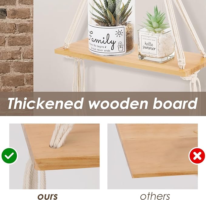 Macrame Wall Hanging Shelf Set of 2,Boho Wooden Display Floating Shelves for Wall Decor with Handmade Woven Rope,Farmhouse Rustic Plant Shelf for Bedroom Dorm Nursery Living Room Bathroom