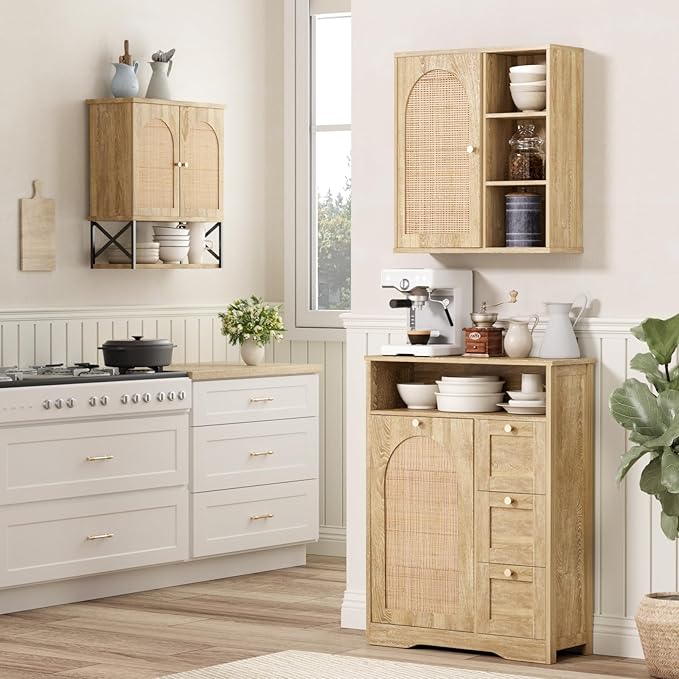 Rattan Bathroom Wall Cabinet with Door, Boho Medicine Wall Cabinets with Adjustable Shelves, Tall Kitchen Wall Mounted Storage Cabinet, Floating Hanging Cabinet Space Saver for Laundry Room, Natural