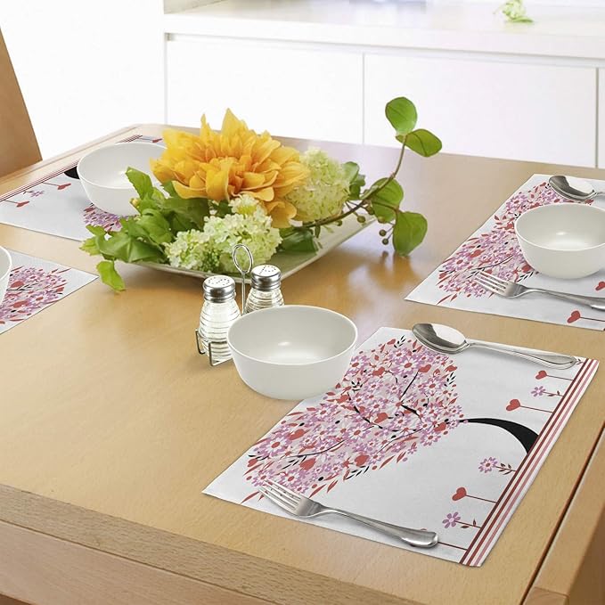 Ambesonne Valentine Place Mats Set of 4, Heart Shaped Tree Daisies Wildflowers Red Leaves Forest Romance Season Image, Washable Fabric Placemats for Dining Table, Standard Size, Pink Red