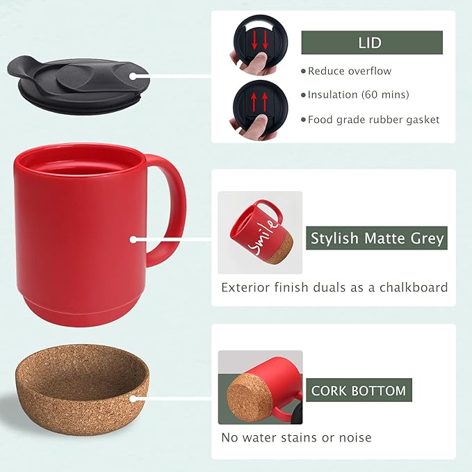 Coffee Mug Set of 2, 15 OZ Large Coffee Mugs with Handle for Tea, Ceramic Mug with Cork Bottom and Lid, Coffee Cups for Women and Men (Red)
