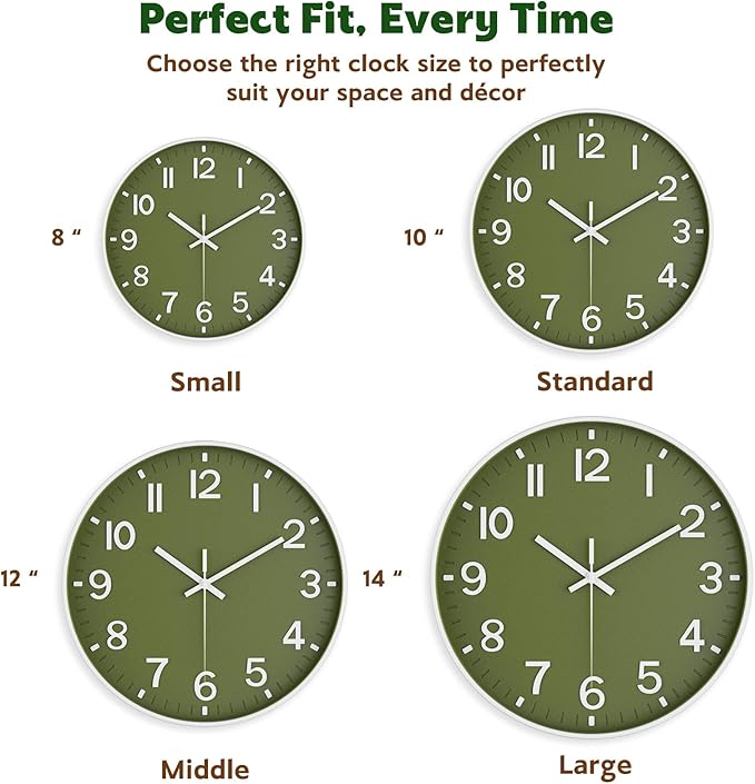 Silent Wall Clock Non-Ticking Battery Operated – Modern Olive Green Analog Wall Clock for Living Room, Kitchen, Office, Bedroom – Stylish Home Wall Decor Clock, 10 Inch