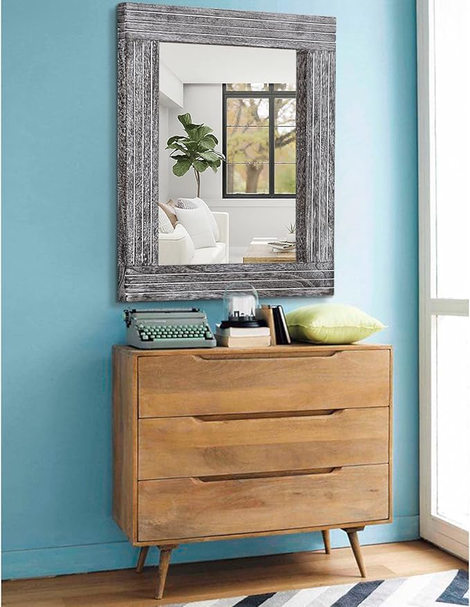 Large Wall Mirror Farmhouse Vintage Rustic Wood Framed Rectangular Mirror Decorative Dressing Table Entrance Bedroom Bathroom Mirror 26"x18"