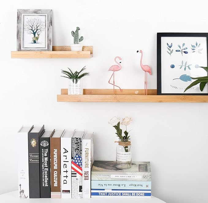 Natural Bamboo Floating Shelves Wall Mounted Rustic Wood Wall Shelves Wooden Wall Storage Organizer Home Decor Living Room Kitchen Bedroom (Natural,13.8 in)