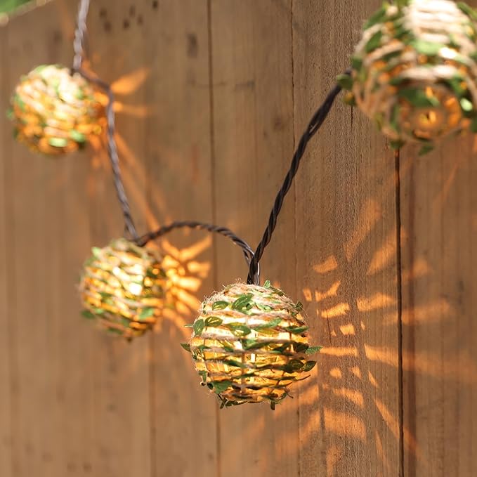 Decorative Lantern String Lights, Outdoor Plug in Hanging Lights with 10 Natural Hemp Rope Leaf Balls, Connectable Weatherproof Patio Globe Boho String Lights for Home Pergola Porch Party Backyard