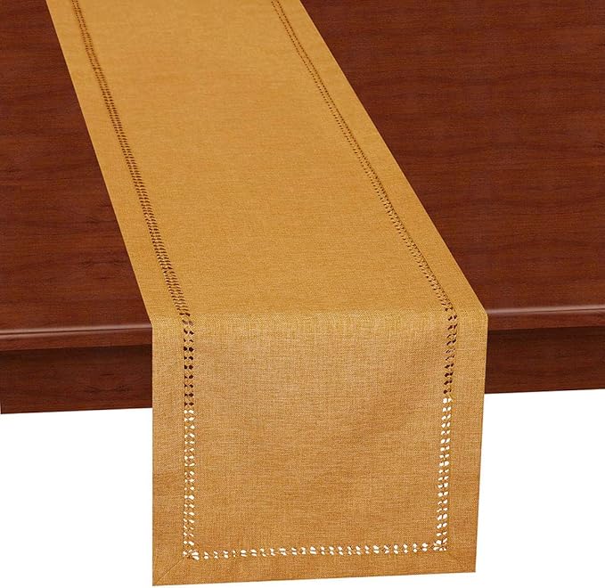 Grelucgo Handcrafted Solid Color Dining Table Runner, Dresser Scarf, Double-Hemstitched (Mustard Gold, 14 x 48)