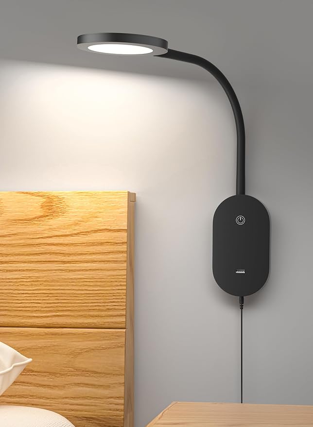 deeloop LED Wall Mounted Reading Light for Bed, Book Light for Wall Bedside Lamp with USB Output, 4 Hour Auto-Off Timer Lights,Eye-Caring Reading Lamp with 5 Dimmable 360° Gooseneck Headboard Light