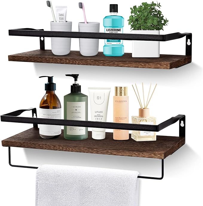 AGM Floating Shelves, Bathroom Floating Shelf Set of 2, Carbonized Black Wall Storage Shelf with Towel Bar, Wall Mounted Shelves for Plants, Book, Bathroom, Bedroom, Kitchen, Living Room Decoration