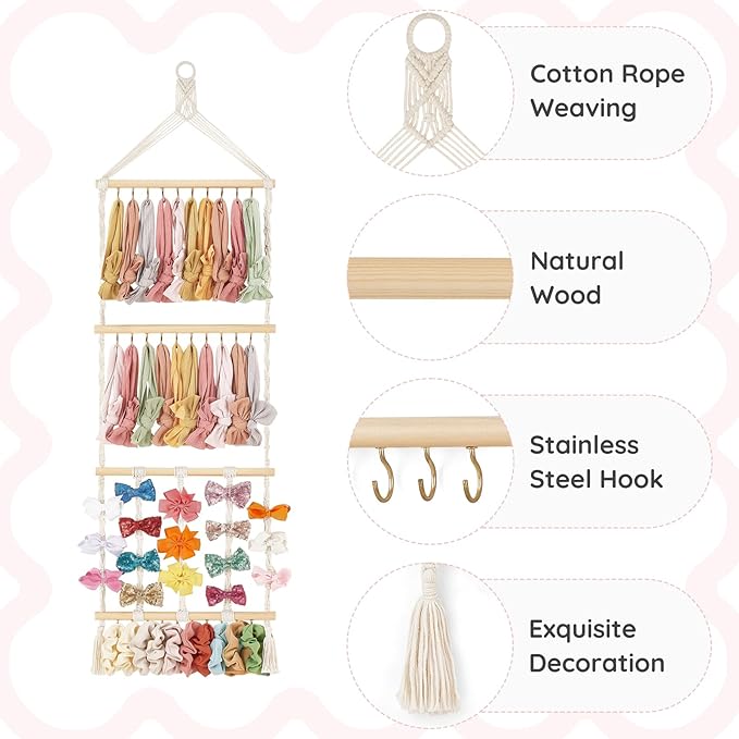 Mkono Headband Holder Boho Hair Bow Organizer for Girls Macrame Bow Hanger with 30 Hooks Bow Holder for Nursery Baby's Room Hair Accessories Organizer Wall Hanging Decor for Bedroom Bathroom