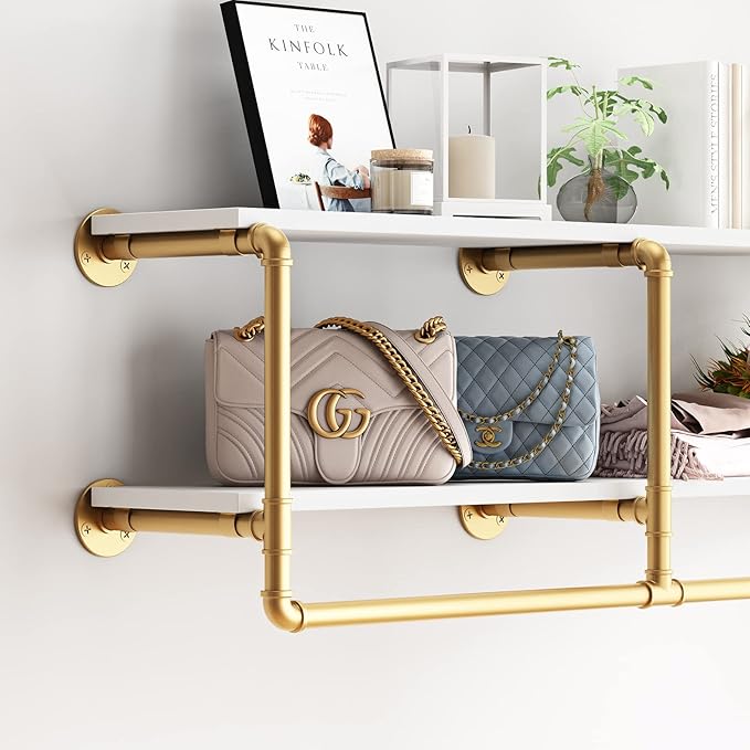 HOMEKAYT 48'' Industrial Pipe Shelving Floating Wall Shelves 2 Tier Gold Shelves Multiple Use for Kitchen, Bedroom,Living Room,Bathroom
