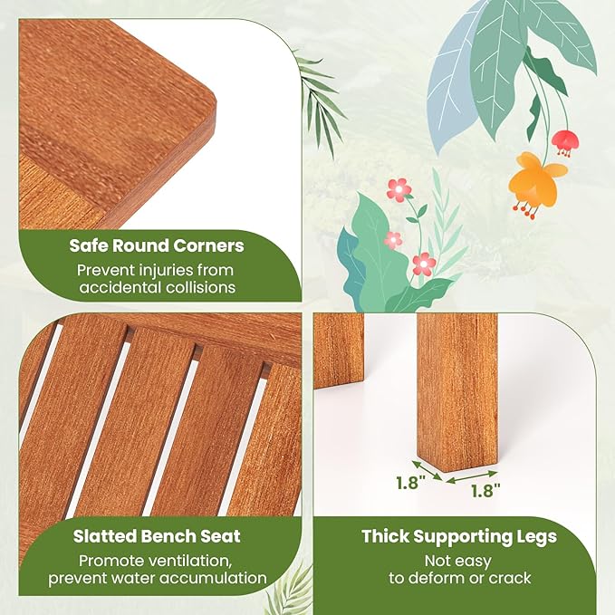 Tangkula Wooden Plant Stand, Outdoor Indoor Solid Wood Flower Pot Holder Display Shelf with Teak Oil Finish, Slatted Top, Rustic Plant Rack for Patio Garden Entryway Porch
