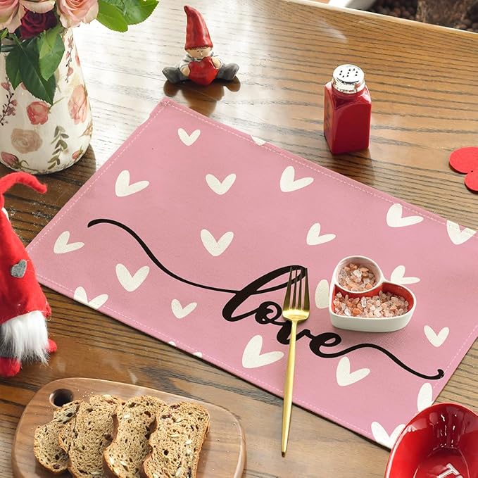 Artoid Mode Pink Love Hearts Placemats Set of 4, 12x18 Inch Seasonal Table Mats for Party Kitchen Dining Decoration
