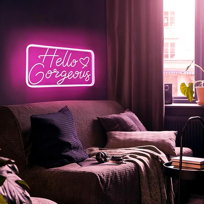 Hello Gorgeous Neon Signs for Wall Decor, Hello Beautiful Neon Sign for Girls Bedroom, Makeup Room Pink LED Neon Lights for Bachelorette Birthday Party Wedding USB Powered with Dimmable Switch