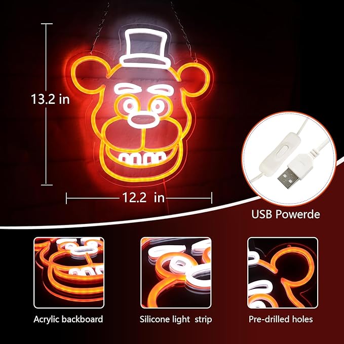 Freddy Neon Signs for Wall Decor,LED Neon Lights for Bedroom,Birthday、Christmas Gifts for kids 5V Power Adapter 12 * 13Inch(wite+orange)