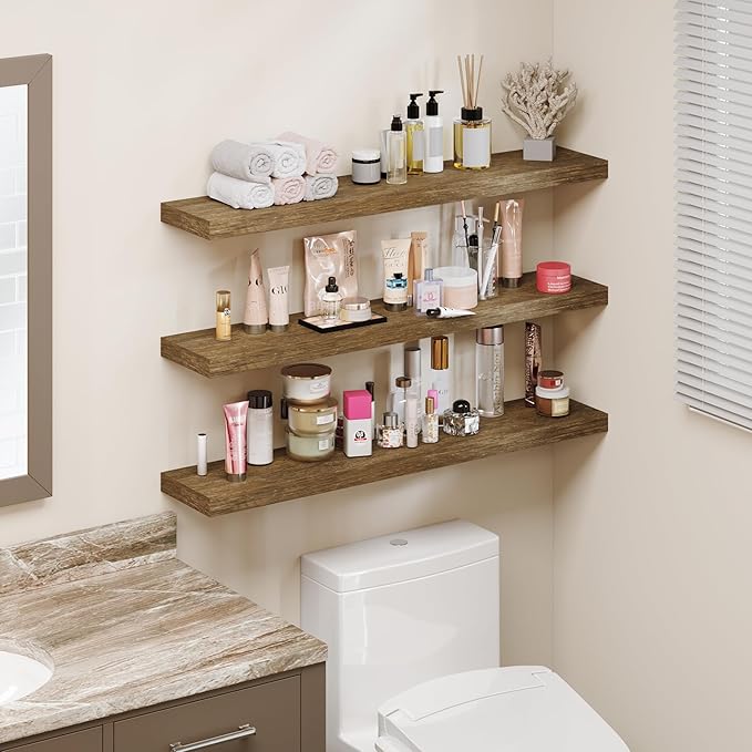BAMEOS Floating Shelves,40 in W x 8in D Wall Mounted Wooden Shelves with Invisible Brackets Set of 3, Hanging Wall Shelves Decoration for Bedroom, Bathroom, Living Room and Kitchen