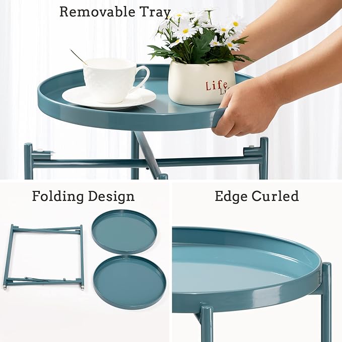 TeoKJ 2 Tier Round Side Table, Folding Round Metal End Table Small Nightstand with Two Removable Tray for Bedroom Living Room Bedside Small Spaces Blue Gray