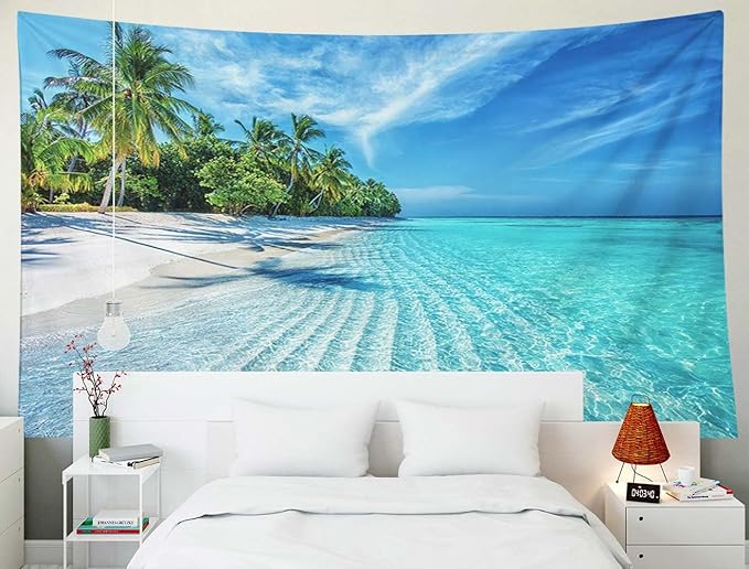 EMMTEEY Beach Tapestry Wall Decor Big 80X60 Inch-Summer Calm Sea Waves with Palm Trees Durable Hanging Tapestry for Living Room
