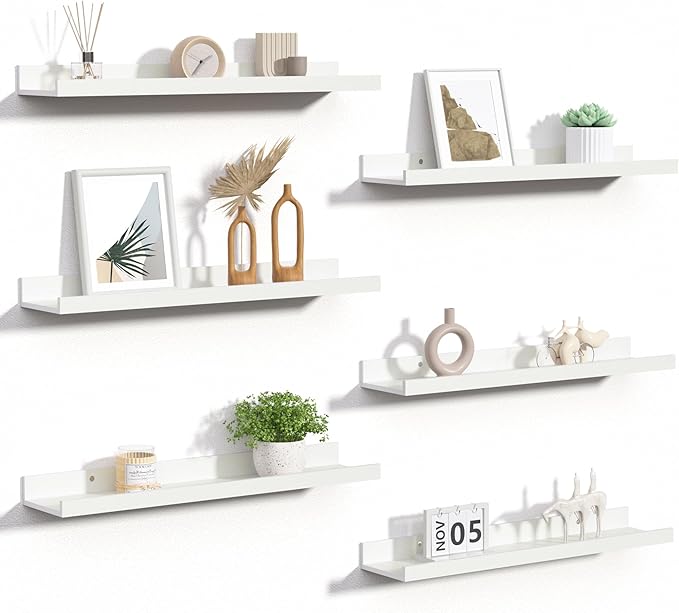 upsimples Floating Shelves for Wall, Wall Shelves for Decor Storage Set of 6, Wall Mounted Wood Shelves for Bedroom, Living Room, Bathroom, Kitchen, 23.6 inch Long Picture Ledge Shelves, White
