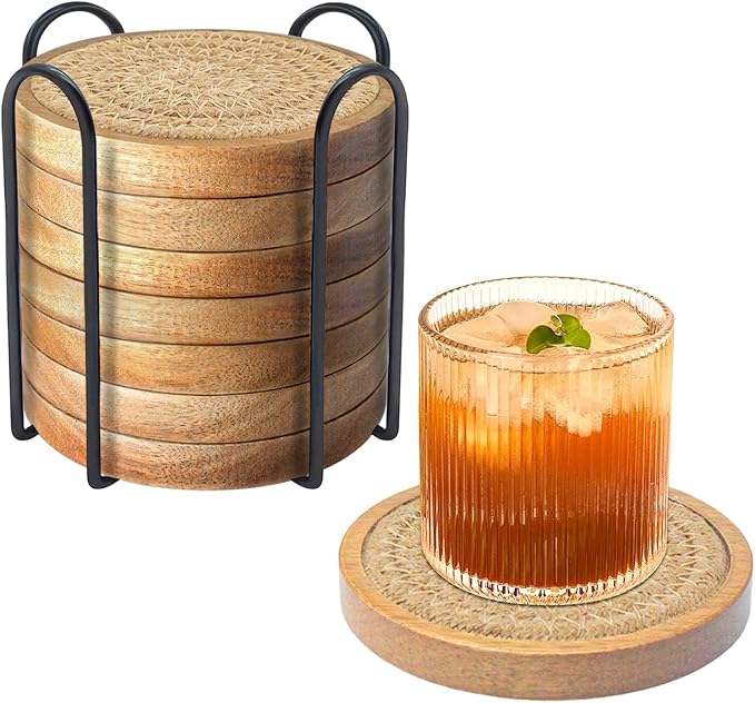 Wood Coasters for Drinks, Absorbent Coaster Sets of 8, Woven Drink Coasters for Coffee Table, Housewarming Gift for Farmhouse Home Decor,4.3 inches Brown