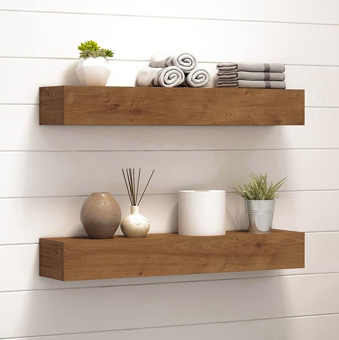Wall Floating Shelves, Rustic Wood Wall Shelf Handmade (Light Walnut, 24 Inch - 2 Pack)