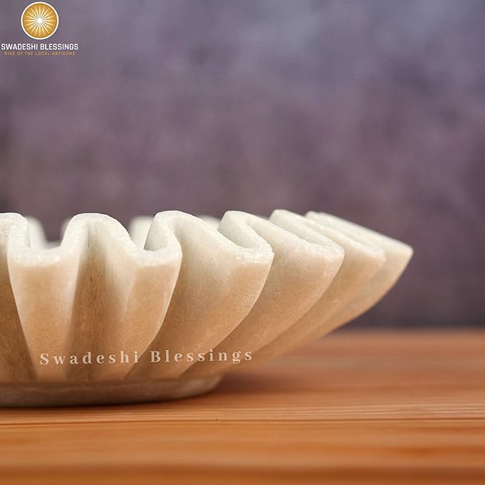 SWADESHI BLESSINGS HandCrafted Marble Ruffle Bowl/Antique Scallop Bowl/Fruit Bowl/Vintage Ring Dish/Decorative Flower Dish/HouseWarming Gift/Wedding Gifts/Urli (10 Inches)