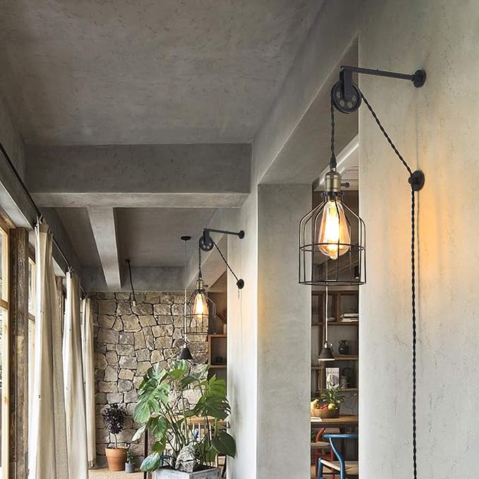 Industrial Wall Sconce Lights Lift Pulley Design Vintage Farmhouse Wall Lamps for Living Room Decor, Retro Mounted Fixture with Wheel Pendant Lamp for Bedroom(No Bulb)