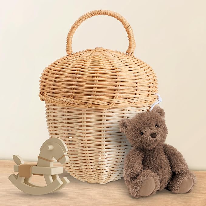 Handmade Wicker Rattan Mushroom-Shaped Storage Basket for Outdoor, Kids, Decor, Photography Props (Acorn-Shaped)