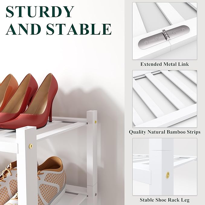 Smiry Shoe Rack, 5 Tier Bamboo Shoe Organizer, Stackable Free Standing Wooden Shoe Storage Shelf for Closet, Entryway, Front Door Entrance, White