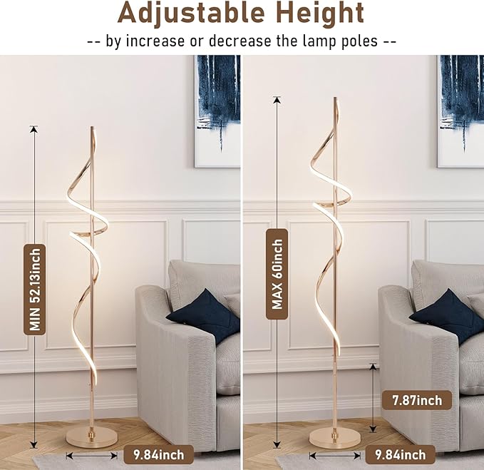 LED Floor Lamp for Living Room, 60 inches Spiral Floor Lamp with Remote Control, 48W, 3 Color Temperatures,Dimmable, for Bedroom, Office Gold