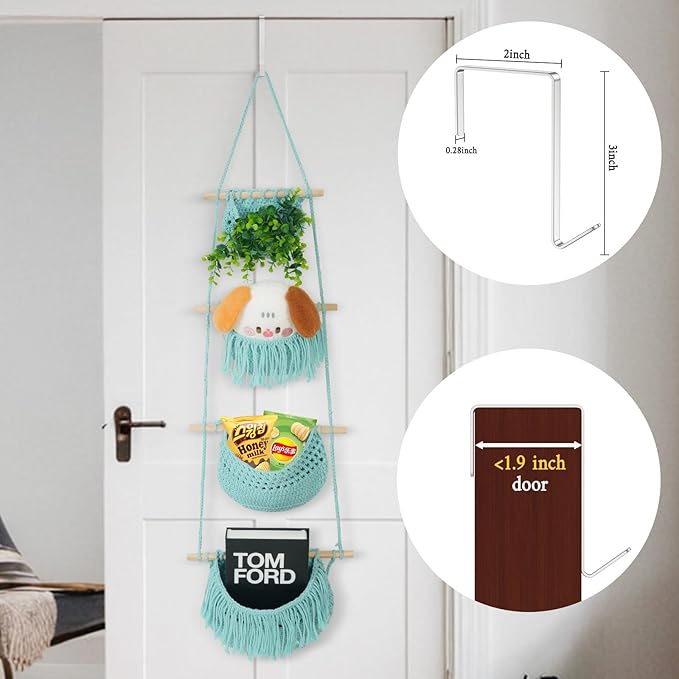 4 Tier Hanging Fruit Basket for Kitchen, Aqua Boho Cotton Rope Crocheted Fruit Holder for Bathroom Bedroom, Detachable Wall Hanging Basket Shelves Over Door Organizer for Fruit Veggie Plant Decor