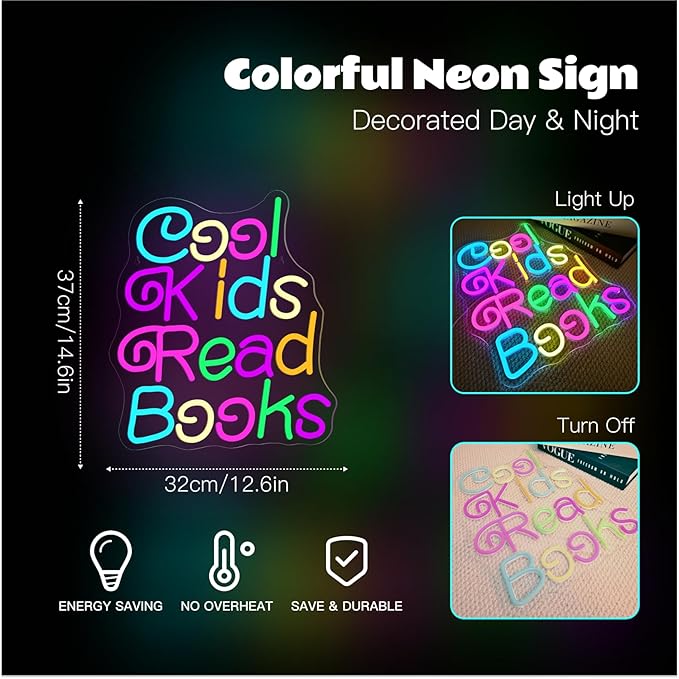Cool Kids Read Books Neon Sign for Wall Decor Reading Neon Light Sign for Classroom Library Bedroom Bookstore School Led Neon Signs Children Students Kids Book Lover Gifts