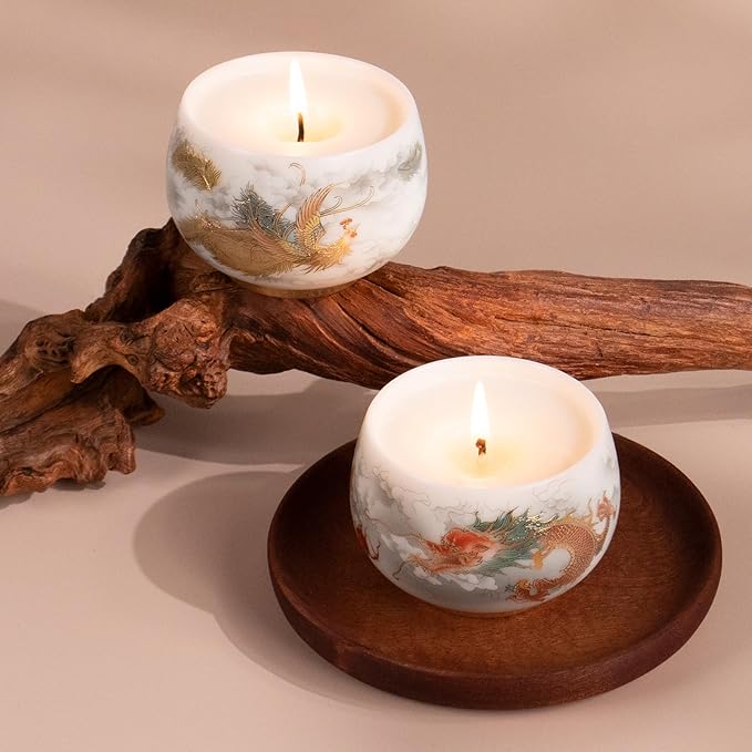 KONNI Scented Candles Gifts for Women Men 2PCS 5.3 Oz Wisteria Scent Ceramic Jar Candles Home Scented 60 Hours Bruning Time Soy Wax Dragon and Phoenix Aromatherapy Candles Decoration