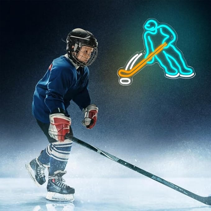 Ice Hockey Neon Sign for Wall Decor Sports Neon Sign for Man Cave Hockey Player LED Light for Garage Decor Dormitory Bar Club Shop Wall Great Birthday Gift for Men Size13.7 * 11.8inch(ZKXD194)