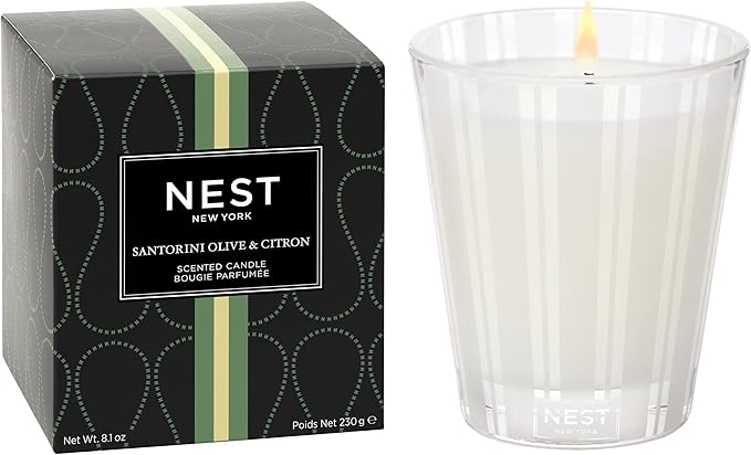 NEST New York Scented Classic Candle, Santorini Olive & Citron - 8.1 oz - Up to 60-Hour Burn Time - Reusable Glass Vessel