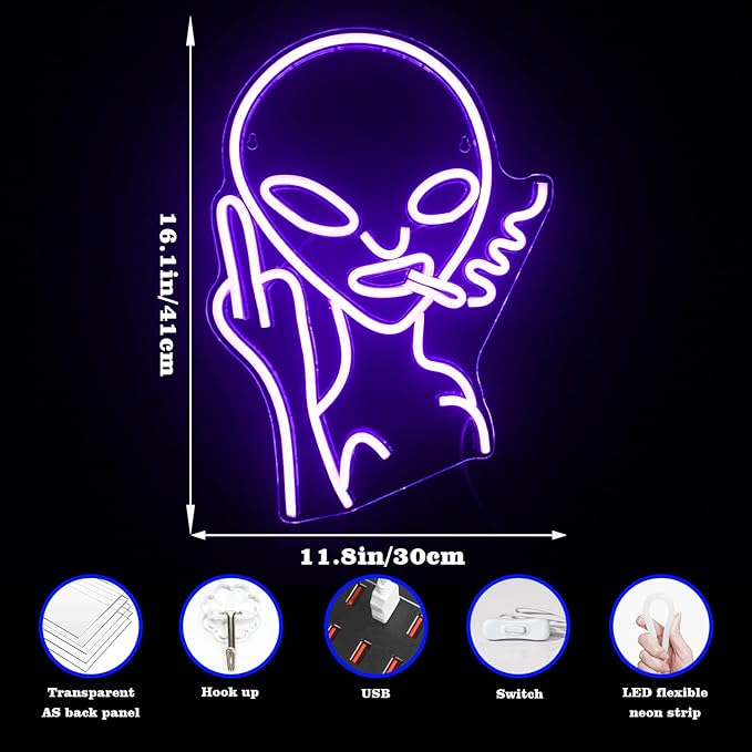 Lucunstar Purple Alien Neon Sign,Purple Neon Sign,LED Sign Alien Neon Signs for Wall Decor,Shop Bar Pub Man Cave,Teen Room,Game Room Decor,Hip Hop Party Neon Sign For Wall Decor,Party Bedroom