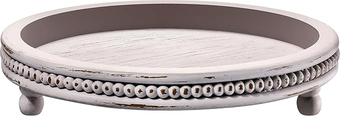 Handmade Wooden Decorative Tray, Small Beaded Coffee Table Tray Decor, Grey Round Decorative Tray for Coffee Table, Dining Room Table Entryway and Living Room Table